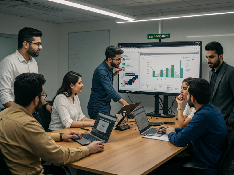 Zameen.com team managing Google Ads campaigns for property listings in Karachi, Lahore, and Islamabad, showing ad performance charts and local search targeting. 