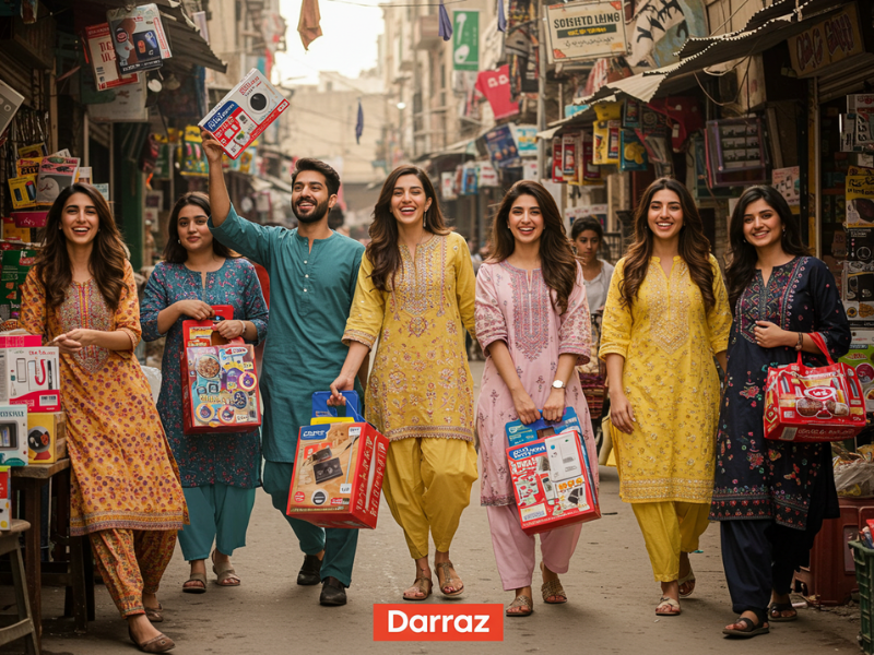 Daraz Pakistan online shopping campaign showing Google Ads strategies and performance charts targeting Pakistani cities.